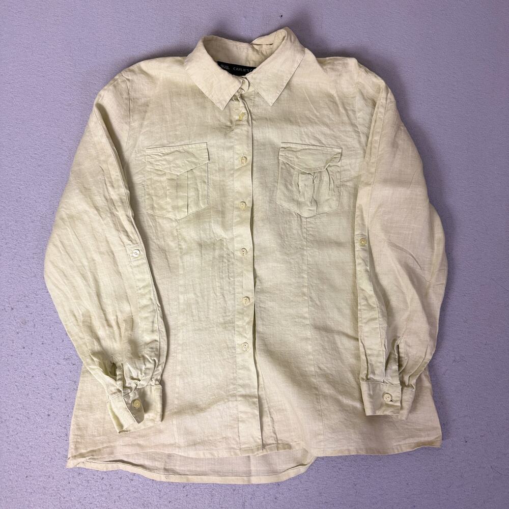 Carlie's Court Women's XL 100% Linen Light Yellow Button Up Utility Shirt